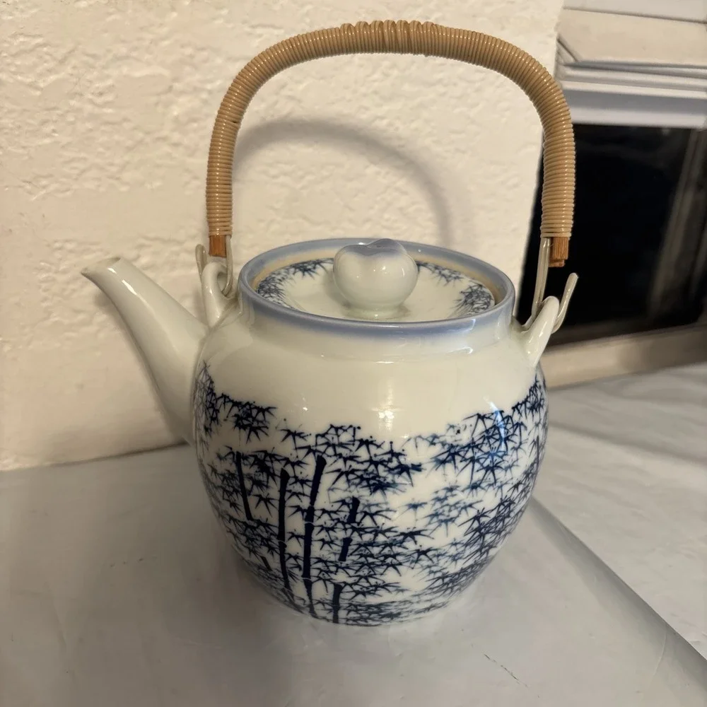Blue White Bamboo Floral Print Porcelain‎ Teapot With Handle